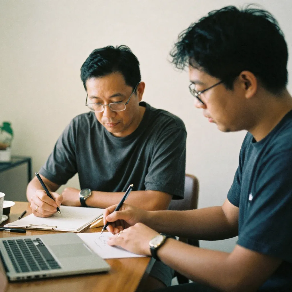 Notebook with pen beside a cup on a wooden surface